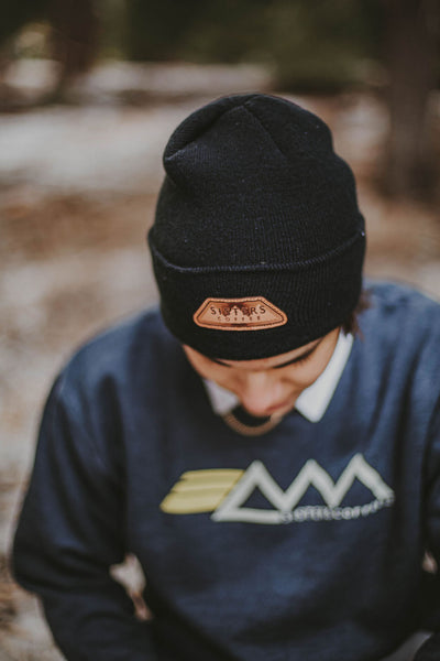 Black Knit Beanie with Leather Patch